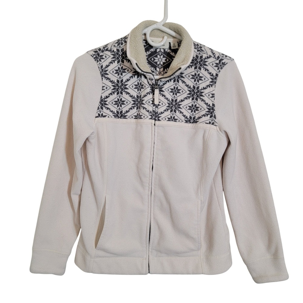 L.L. Bean Full Zip Sweater Cream XS Fleece Style 284061 Fair Isle Snowflake